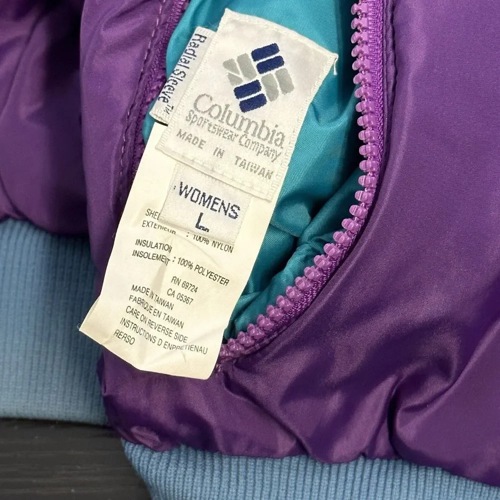 Vtg 90s Columbia Sportswear Bomber Jacket Reversible Teal/Purple Women’s Large